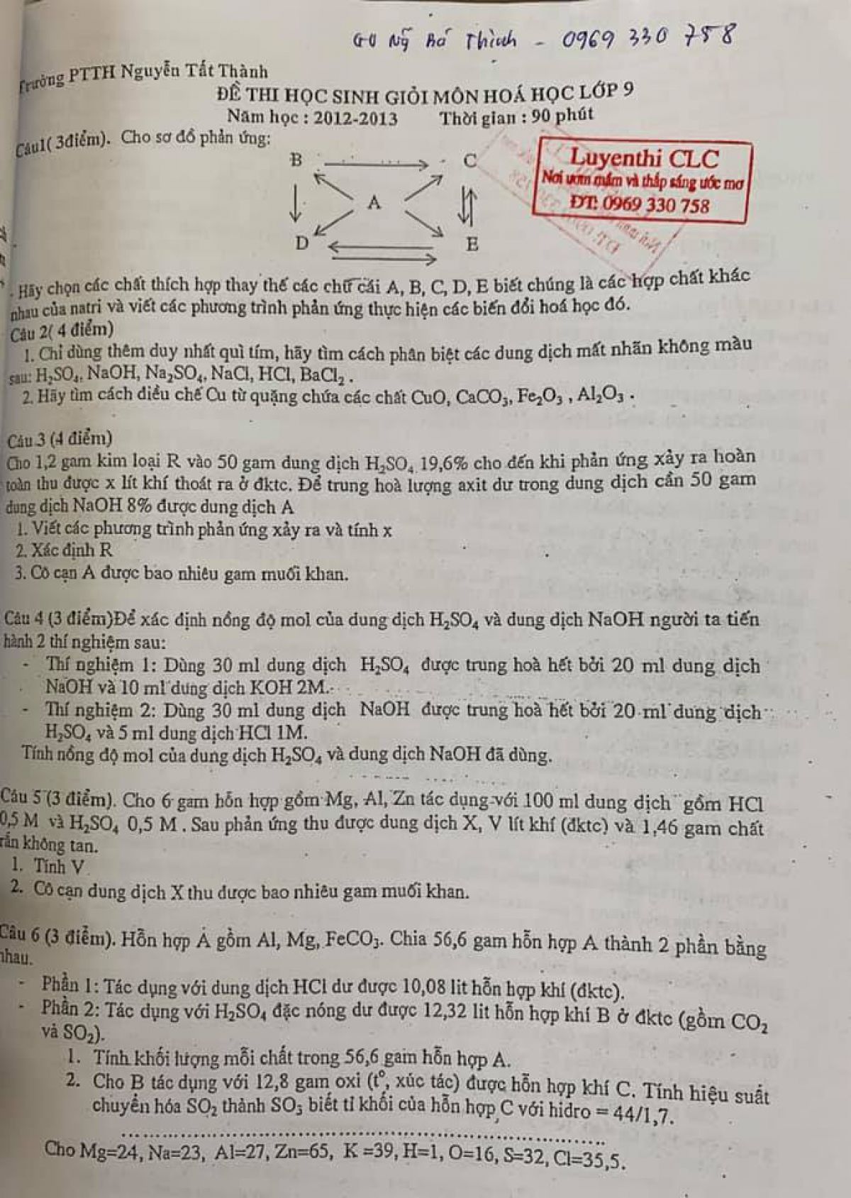 Đề thi HSG m&ocirc;n H&oacute;a Học lớp 9 Trường THPT Nguyễn Tất Th&agrave;nh năm 2012