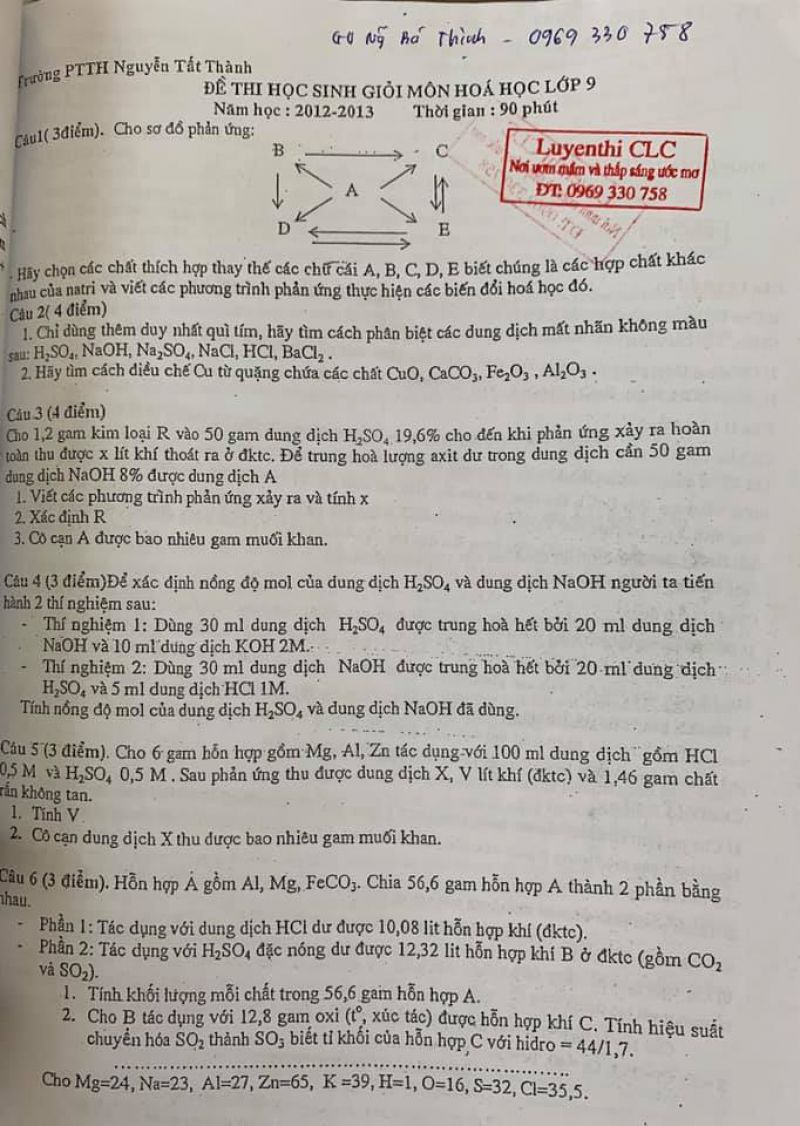 Đề thi HSG môn Hóa Học lớp 9 Trường THPT Nguyễn Tất Thành năm 2012