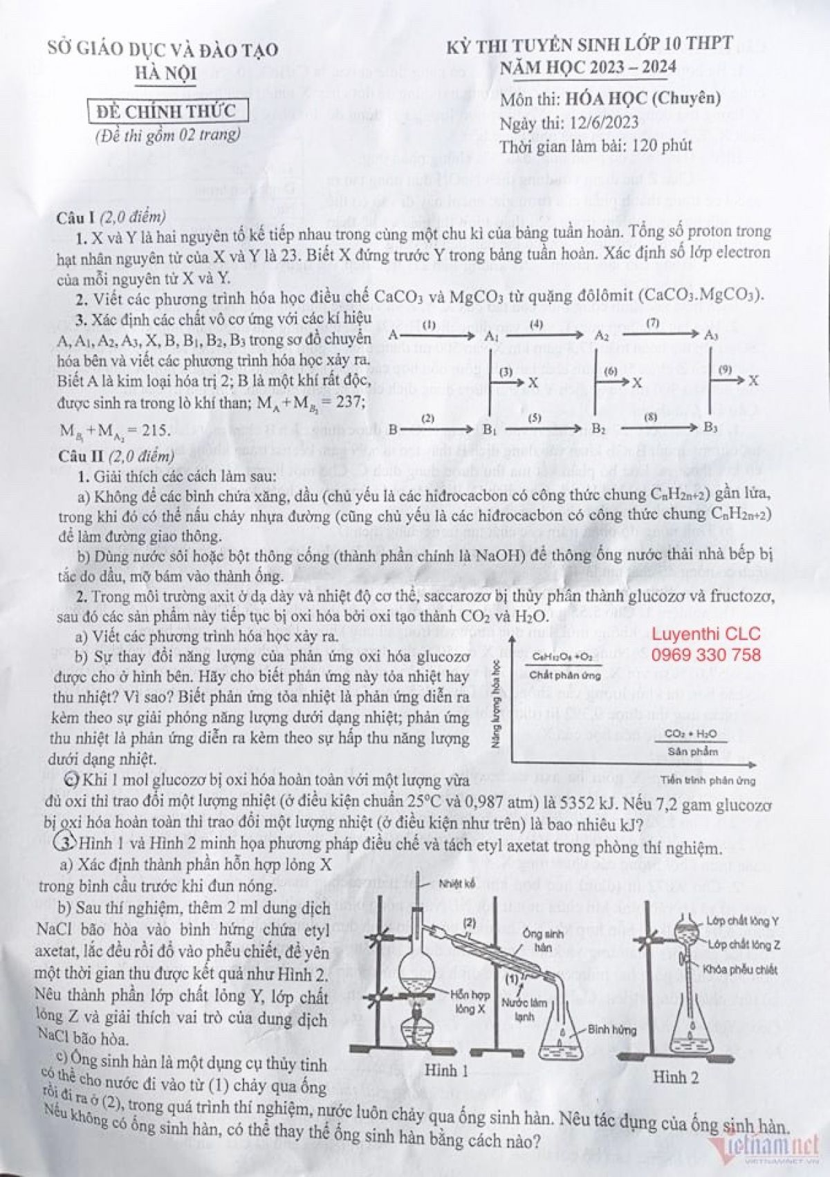 Đề thi tuyển sinh v&agrave;o lớp 10 THPT m&ocirc;n H&oacute;a Học (Chuy&ecirc;n) tại H&agrave; Nội năm 2023