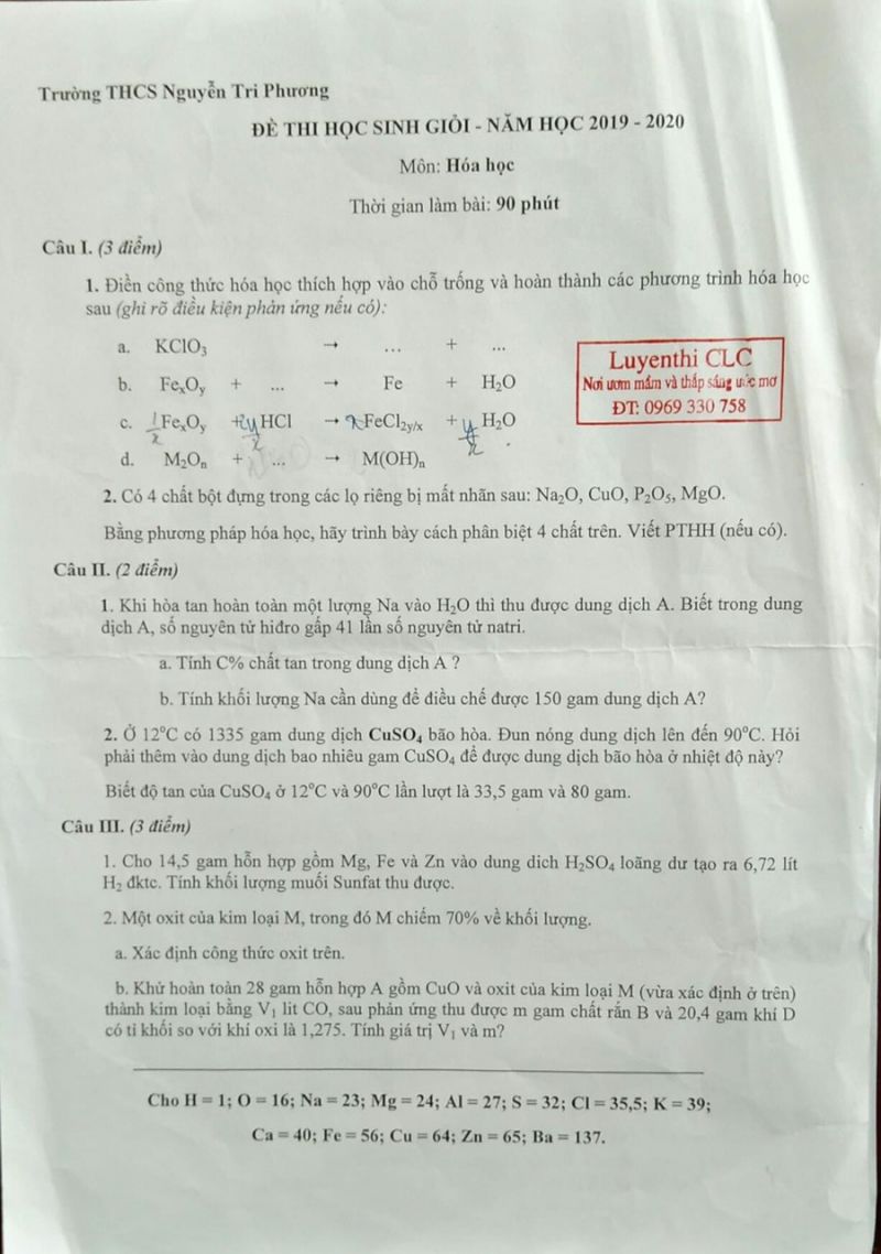 Đề thi HSG môn Hóa Học Trường THCS Nguyễn Tri Phương năm 2019