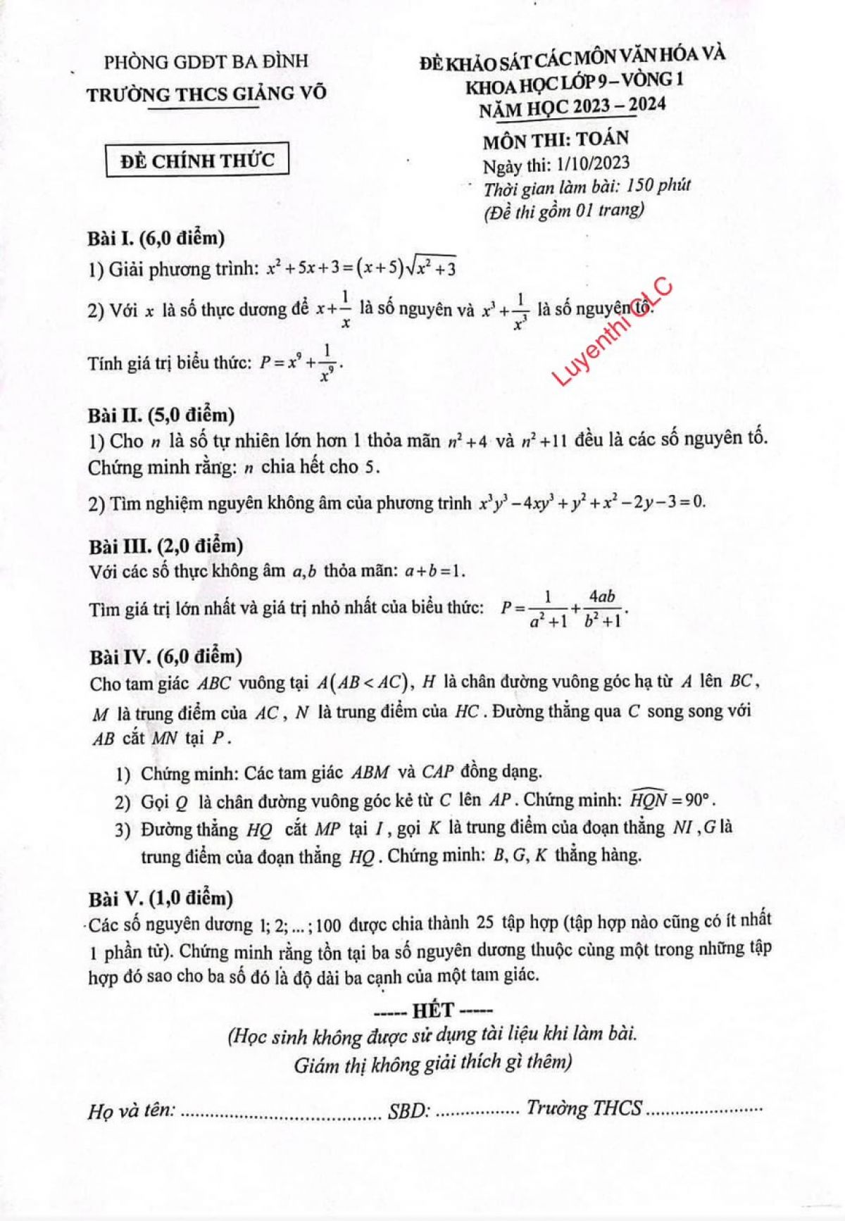 Đề thi khảo s&aacute;t m&ocirc;n To&aacute;n lớp 9 - V&ograve;ng 1 Trường THPT Giảng V&otilde;, quận Ba Đ&igrave;nh, H&agrave; Nội năm 2023