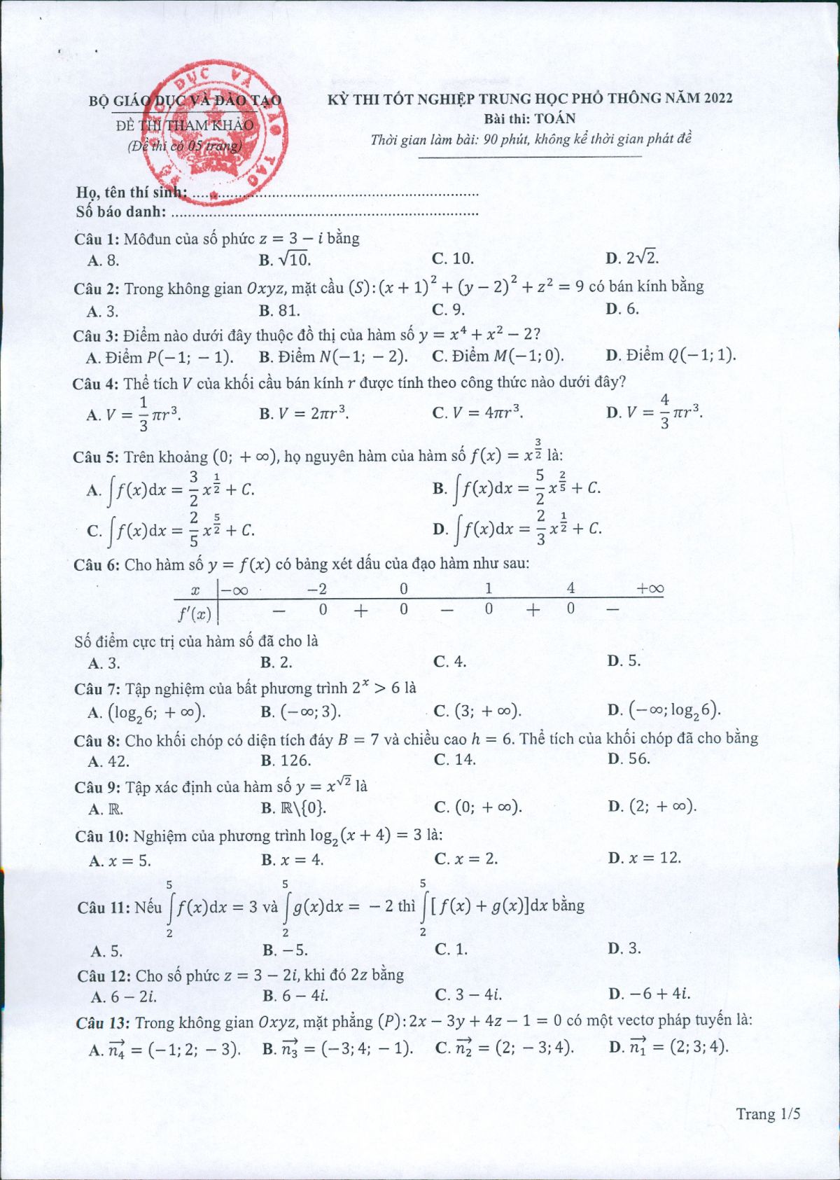 Đề thi tốt nghiệp THPT m&ocirc;n To&aacute;n năm 2022 ( Đề tham khảo)
