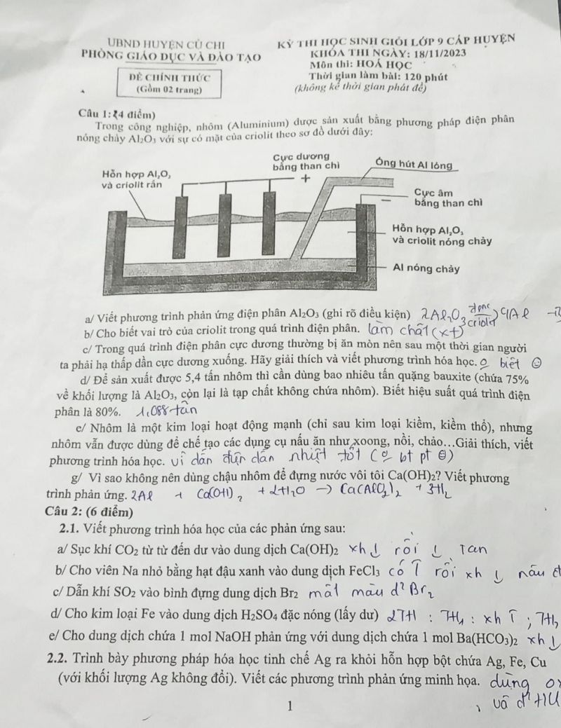 Đề thi chọn HSG môn Hóa Học lớp 9 huyện Củ Chi, thành phố Hồ Chí Minh năm 2023