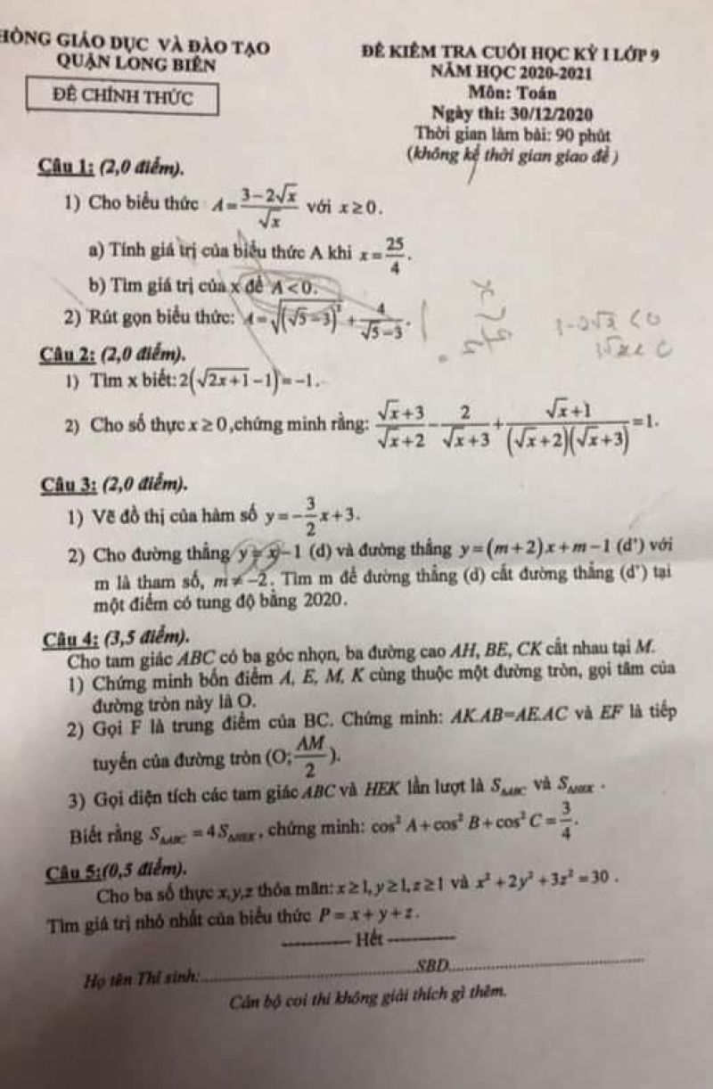 Đề kiểm tra cuối học k&igrave; I lớp 9 m&ocirc;n To&aacute;n quận Long Bi&ecirc;n, H&agrave;  Nội năm 2020