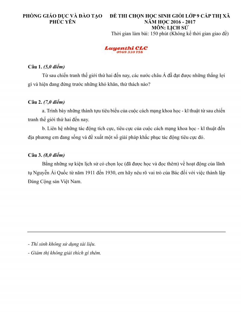 Đề thi chọn HSG môn Lịch Sử lớp 9 huyện Phúc Yên tỉnh Vĩnh Phúc năm 2016