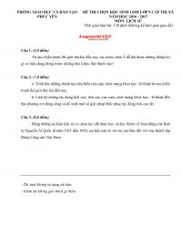 Đề thi chọn HSG m&ocirc;n Lịch Sử lớp 9 huyện Ph&uacute;c Y&ecirc;n tỉnh Vĩnh Ph&uacute;c năm 2016