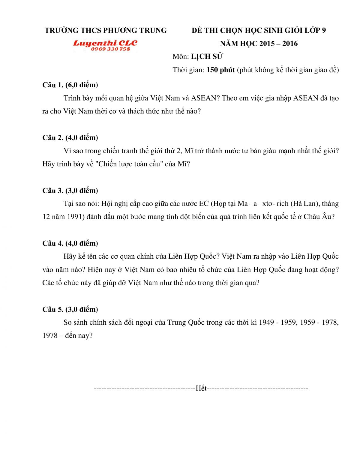 Đề thi chọn HSG  môn Lịch Sử lớp 9 Trường THCS Phương Trung, Thanh Oai, Hà Nội năm 2015