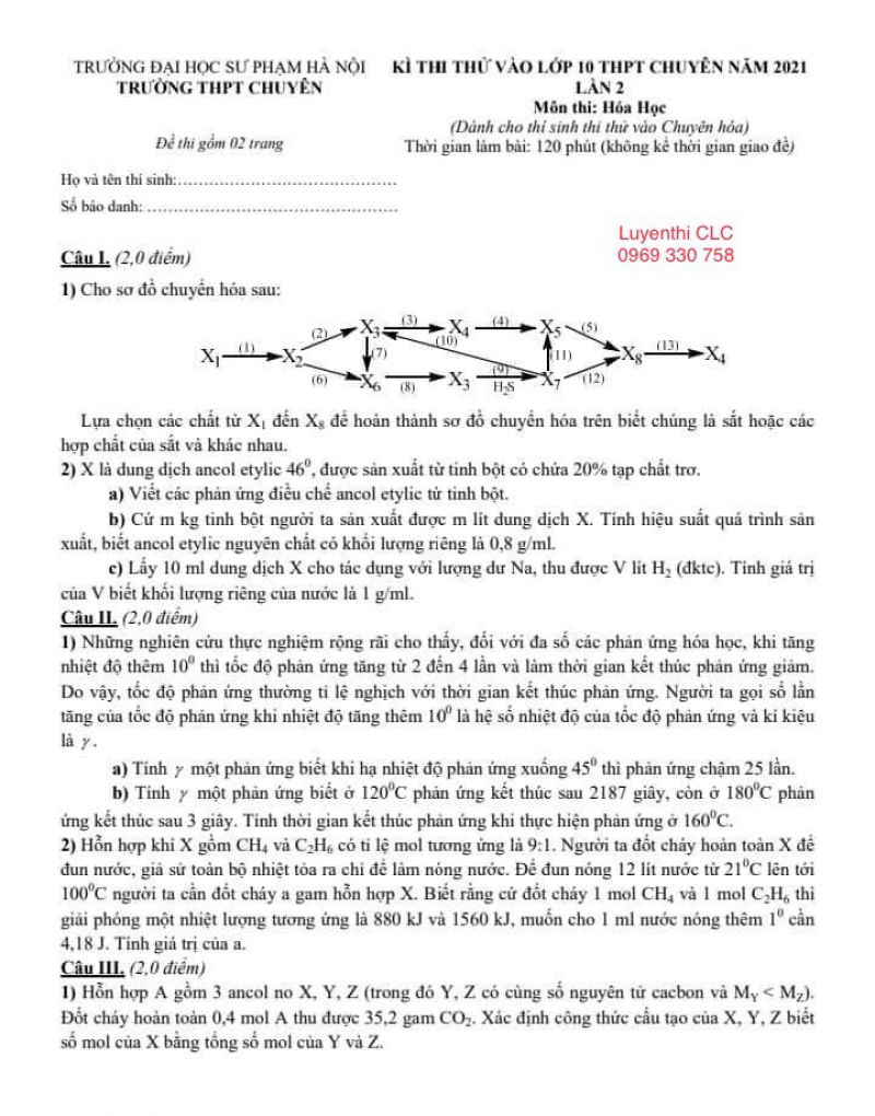 Đề thi thử vào lớp 10 môn Hóa Học lần 2 Trường THPT CHUYÊN Đại học Sư phạm Hà Nội năm 2021