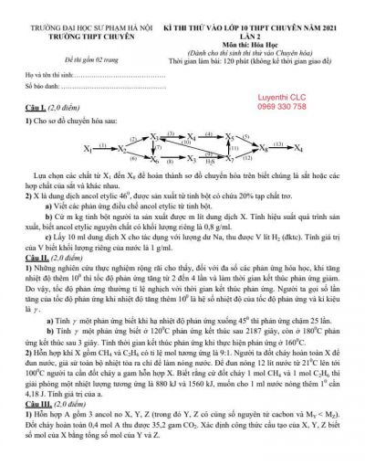 Đề thi thử vào lớp 10 môn Hóa Học lần 2 Trường THPT CHUYÊN Đại học Sư phạm Hà Nội năm 2021