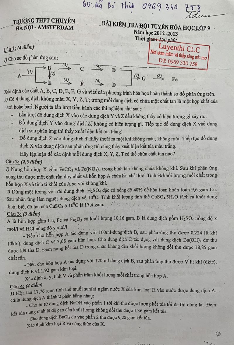 Đề kiểm tra đội tuyển Hóa Học lớp 9 Trường THPT CHUYÊN Hà Nội - Amsterdam năm 2012