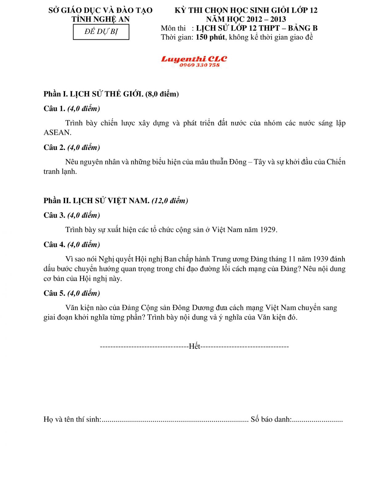 Đề thi chọn HSG m&ocirc;n Lịch Sử lớp 12 THPT - Bảng B tỉnh Nghệ An năm 2012 (Đề dự bị)