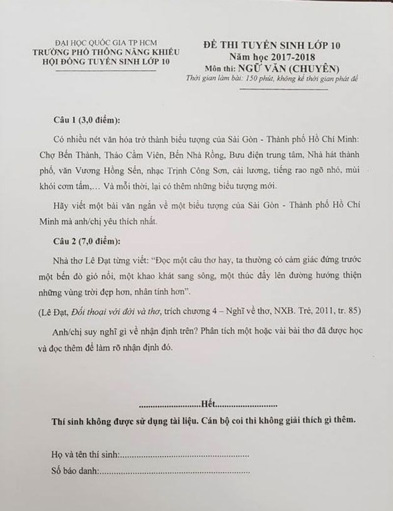 Đề thi tuyển sinh vào lớp 10 THPT môn Ngữ Văn Chuyên Đại học Quốc gia Thành phố Hồ Chí Minh năm 2017