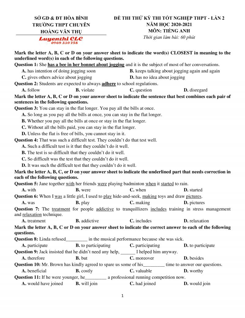 Đề thi thử tốt nghiệp THPT môn Tiếng Anh lần 2 Trường THPT CHUYÊN Hoàng Văn Thụ tỉnh Hòa Bình năm 2021