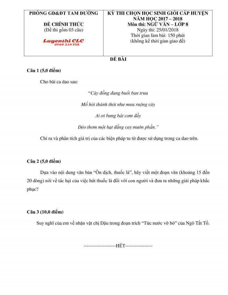 Đề thi chọn HSG m&ocirc;n Ngữ Văn lớp 8 huyện Tam Đường, tỉnh Lai Ch&acirc;u năm 2018