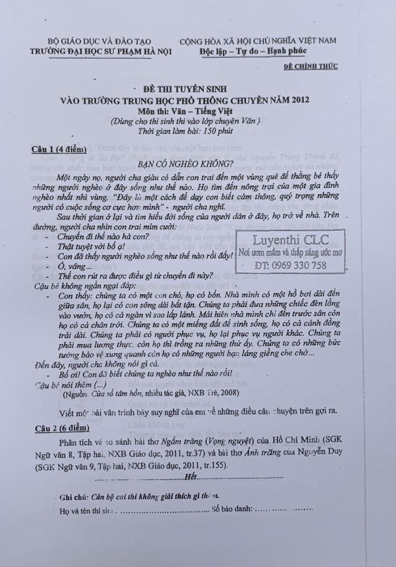 Đề thi tuyển sinh vào Trường THTP CHUYÊN môn Ngữ Văn Trường Đại học Sư phạm Hà Nội năm 2012