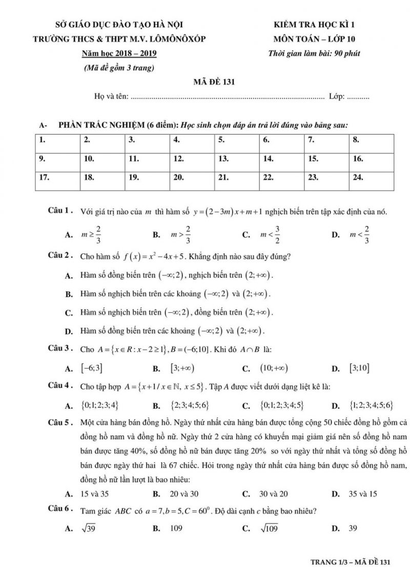 Đề kiểm tra học kì I môn Toán lớp 10 Trường THCS &amp; THPT M.V Lômônôxôp, Hà Nội năm 2018