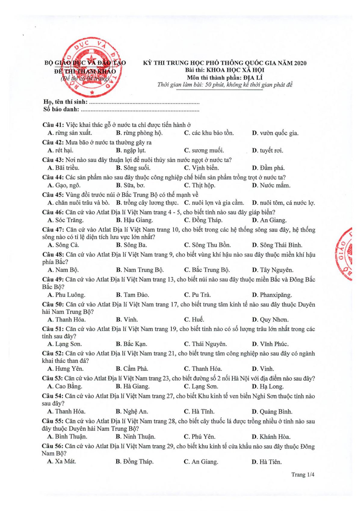 ĐỀ THI MINH HỌA THPTQG 2020 MÔN ĐỊA LÝ - BỘ GIÁO DỤC VÀ ĐÀO TẠO NĂM 2020