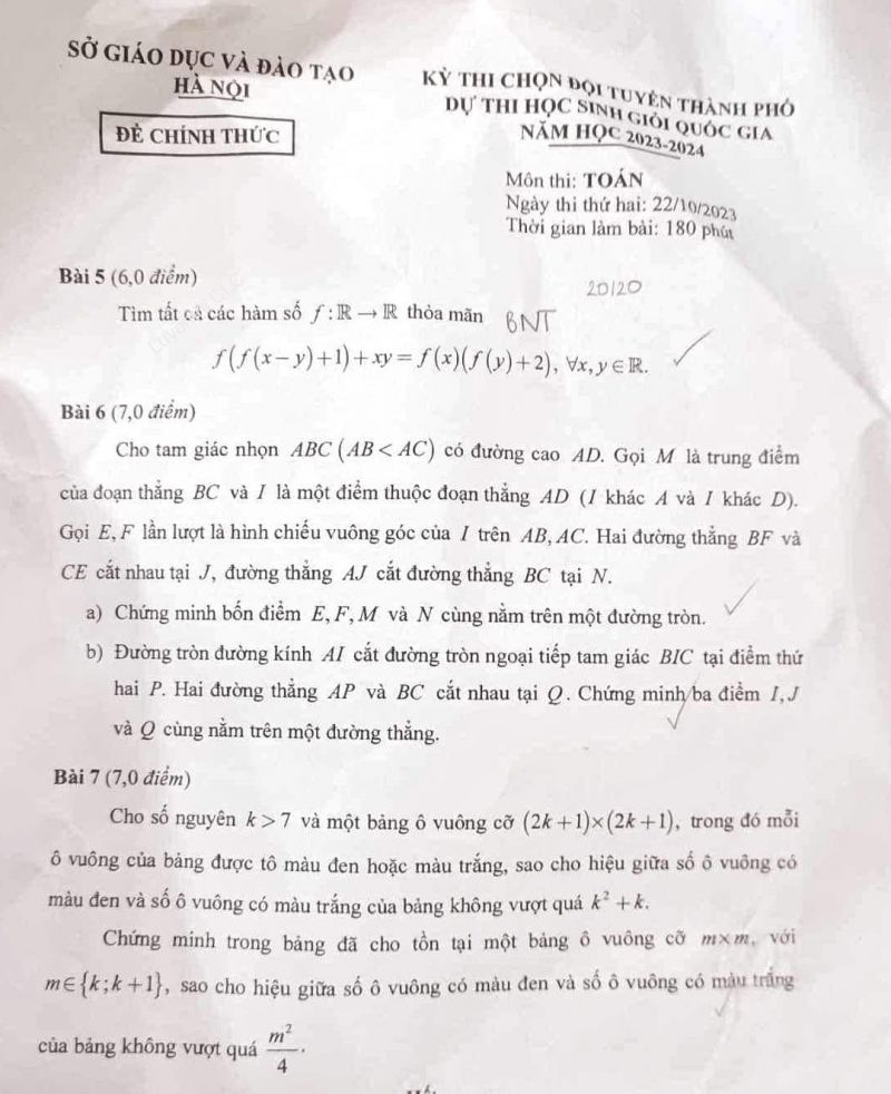 Đề thi chọn đội tuyển dự thi THPT Quốc Gia m&ocirc;n To&aacute;n tại H&agrave; Nội năm 2023
