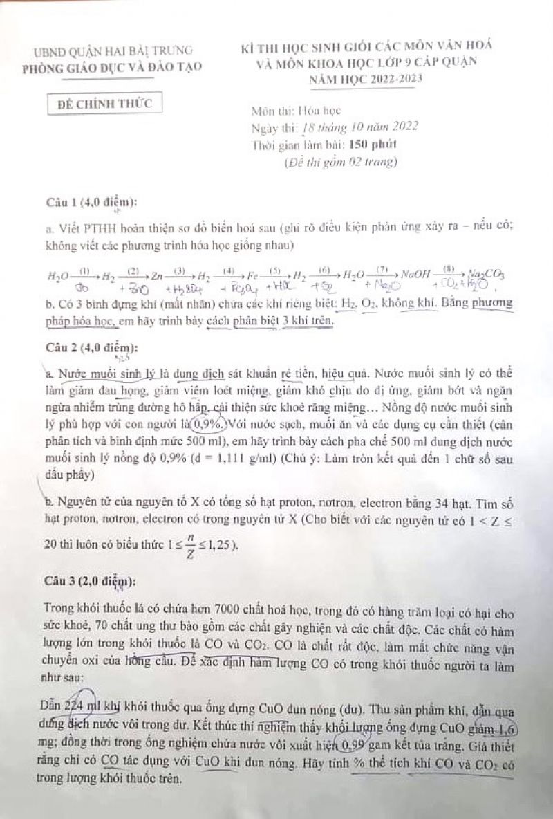 Đề thi chọ HSG m&ocirc;n H&oacute;a Học lớp 9 quận Hai B&agrave; Trưng, H&agrave; Nội năm 2023
