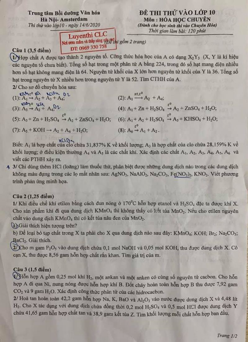 Đề thi thử vào lớp 10 THPT chuyên ÁMTERDAM môn Hoá học (ngày thi CN-14/6/2020)