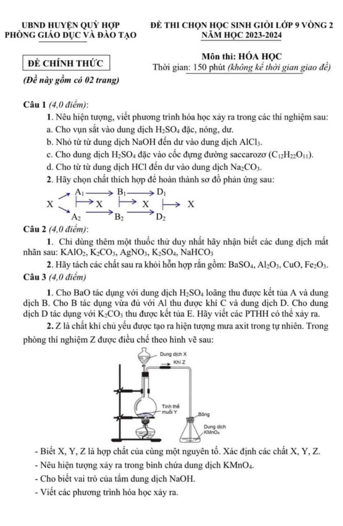 Đề thi chọn HSG môn Hóa Học lớp 9 vòng 2 huyện Quỳ Hợp tỉnh Nghệ An năm 2023