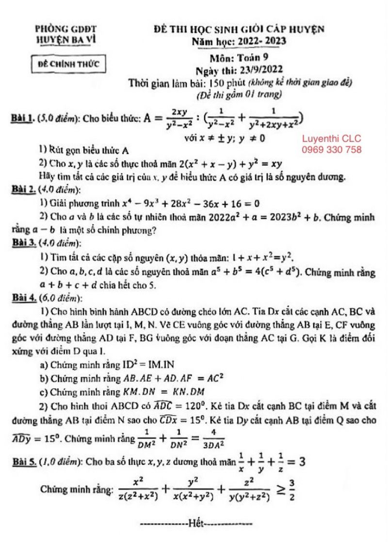 Đề thi chọn HSG môn Toán lớp 9 huyện Ba Vì, Hà Nội năm 2022