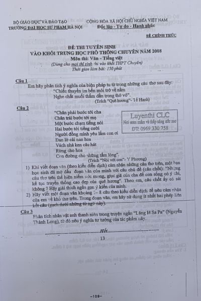 Đề thi tuyển sinh vào khối THPT CHUYÊN môn Ngữ Văn Trường Đại học Sư phạm Hà Nội năm 2008