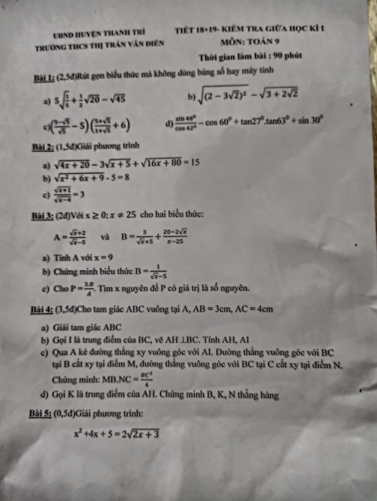 Đề kiểm tra giữa học kì I môn Toán lớp 9 huyện Thanh Trì, Hà Nội