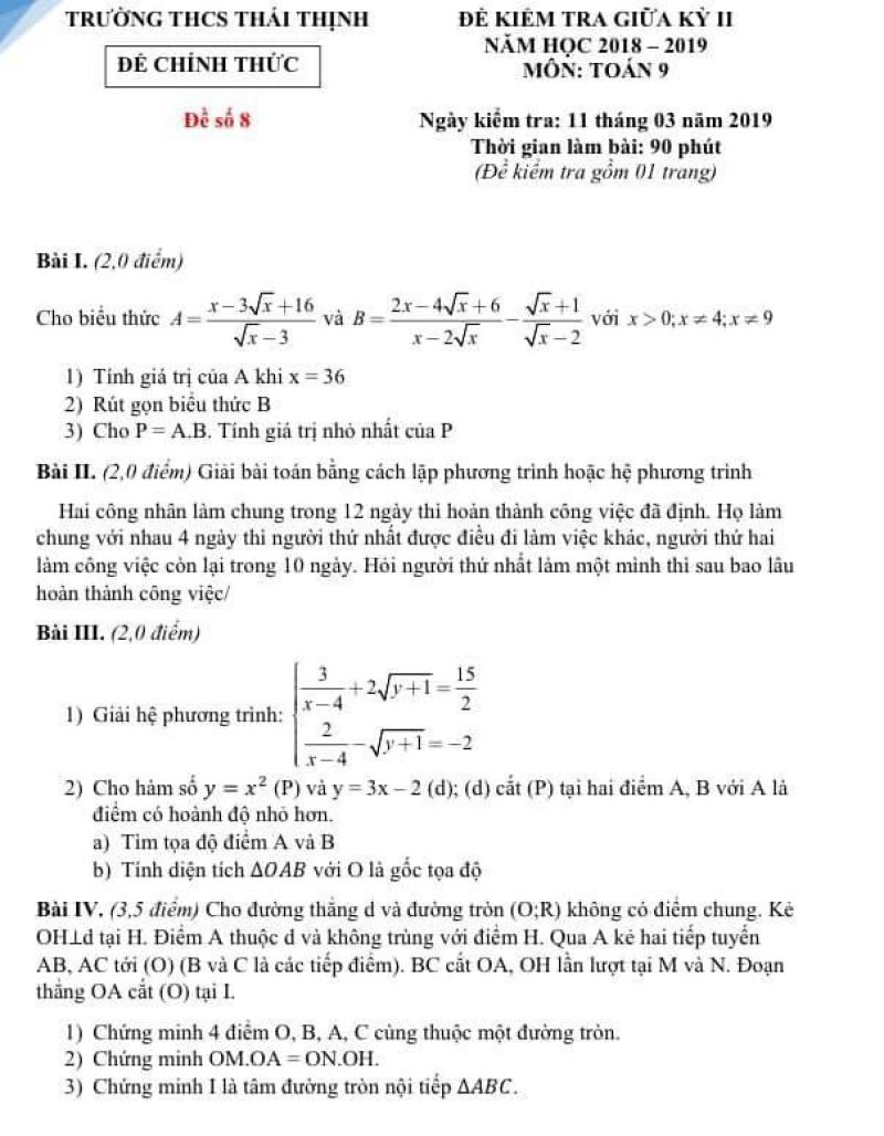 Đề kiểm tra giữa k&igrave; II m&ocirc;n To&aacute;n lớp 9 Trường THCS Th&aacute;i Thịnh năm 2019