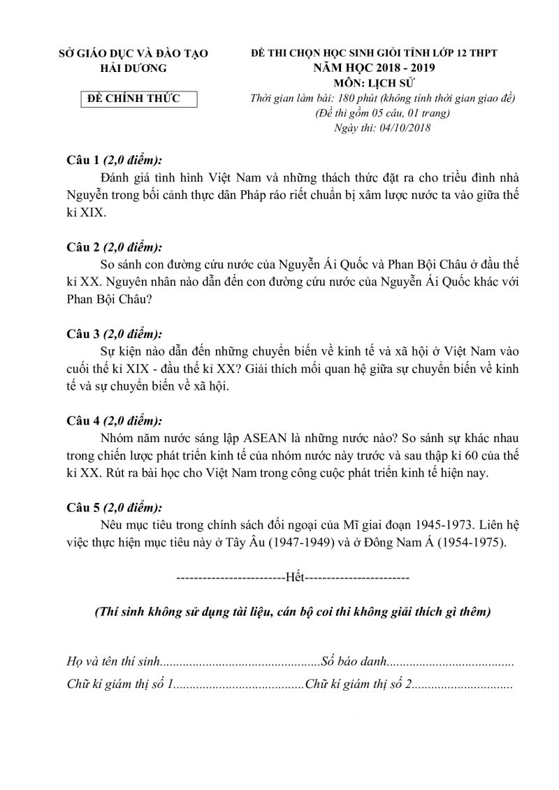 Đề thi chọn HSG tỉnh lớp 12 THPT và đáp án môn Lịch Sử tỉnh Hải Dương năm 2018