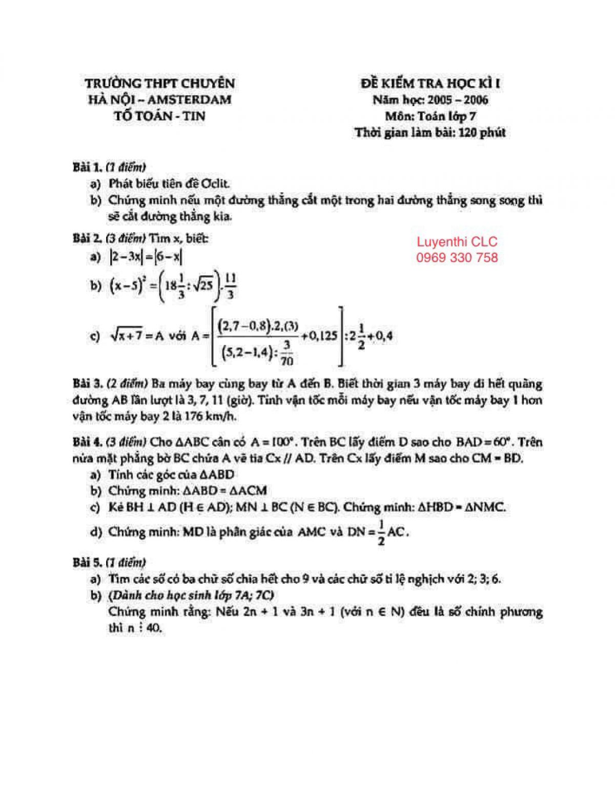 Đề kiểm tra học k&igrave; I m&ocirc;n To&aacute;n lớp 7 Trường THPT CHUY&Ecirc;N Amsterdam năm 2005