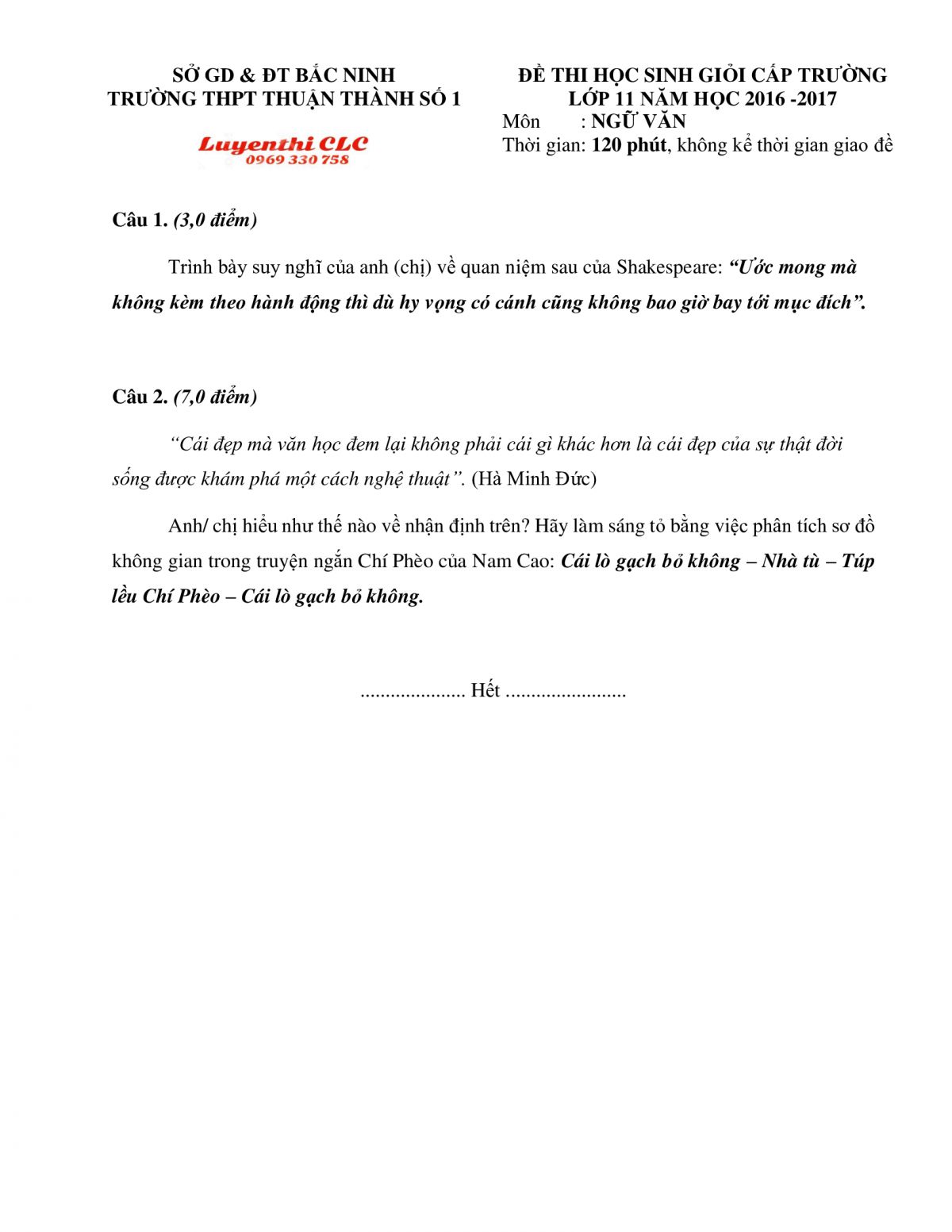 Đề thi chọn HSG cấp trường v&agrave; đ&aacute;p &aacute;n m&ocirc;n Ngữ Văn lớp 11 Trường THPT Thuận Th&agrave;nh số 1, tỉnh Bắc Ninh năm 2016