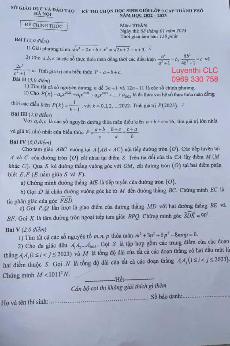 Đề thi chọn HSG v&agrave; đ&aacute;p &aacute;n m&ocirc;n To&aacute;n lớp 9 th&agrave;nh phố H&agrave; Nội năm 2023