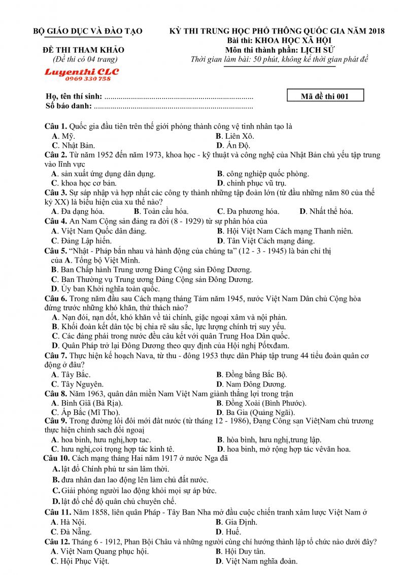Đề thi THPT Quốc Gia môn Lịch Sử năm 2018 ( Đề tham khảo )