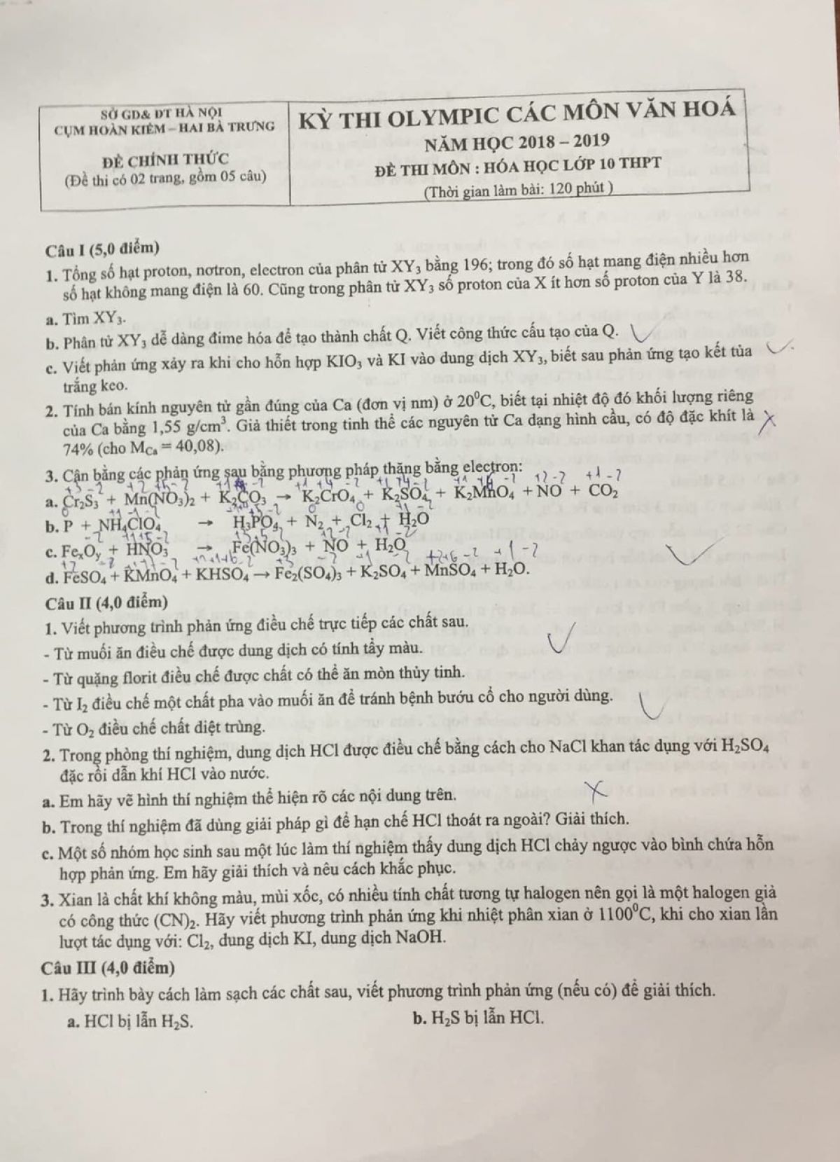 Đề thi Olympic m&ocirc;n H&oacute;a Học lớp 10 THPT cụm Ho&agrave;n Kiếm - Hai B&agrave; Trưng, H&agrave; Nội năm 2019