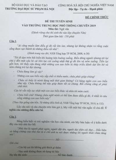 Đề thi tuyển sinh vào trường THPT CHUYÊN môn Ngữ Văn Trường Đại học Sư phạm Hà Nội năm 2019