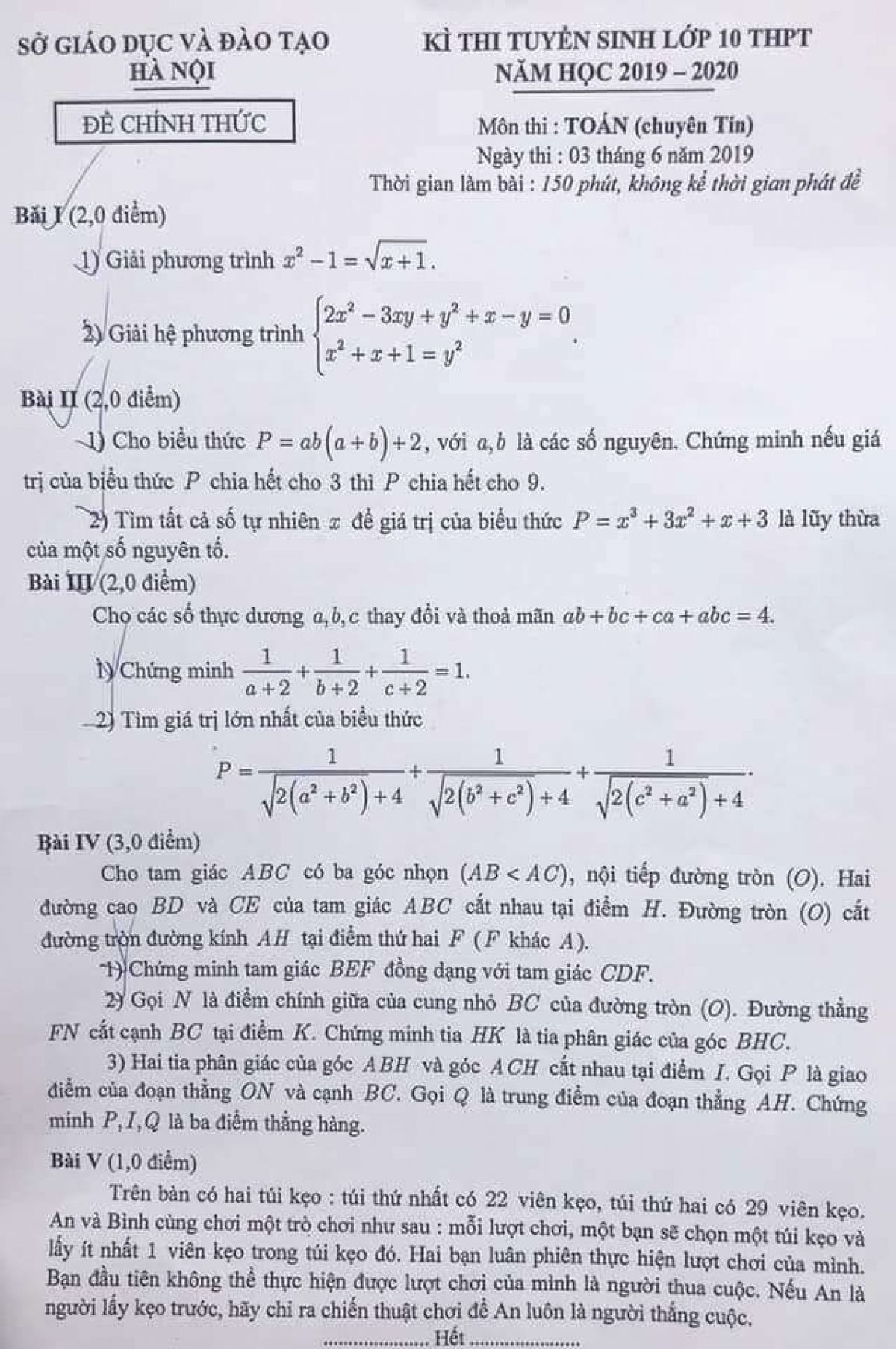 Đề thi tuyển sinh vào lớp 10 THPT môn Toán ( chuyên Tin ) thành phố Hà Nội ngày 03/6/2019