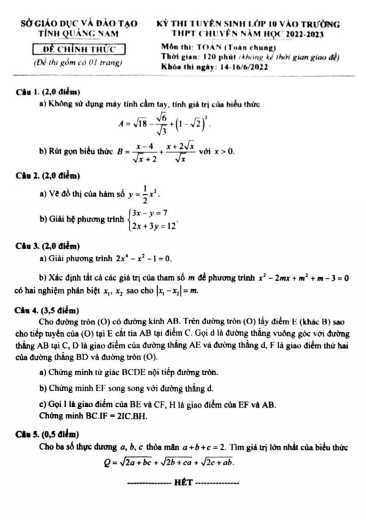 Đề thi tuyển sinh vào lớp 10 THPT CHUYÊN môn Toán tỉnh Quảng Nam năm 2022