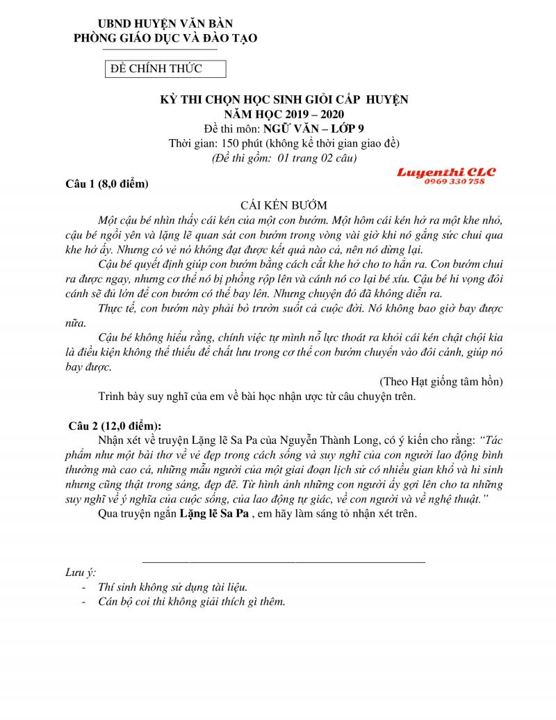 Đề thi chọn HSG môn Ngữ Văn lớp 9 huyện Văn Bàn, tỉnh Sơn La năm 2020