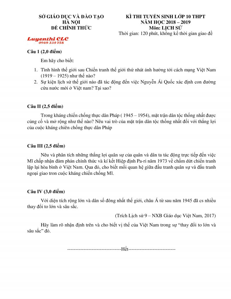 Đề thi tuyển sinh vào lớp 10 THPT môn Lịch Sử tại Hà Nội năm 2019