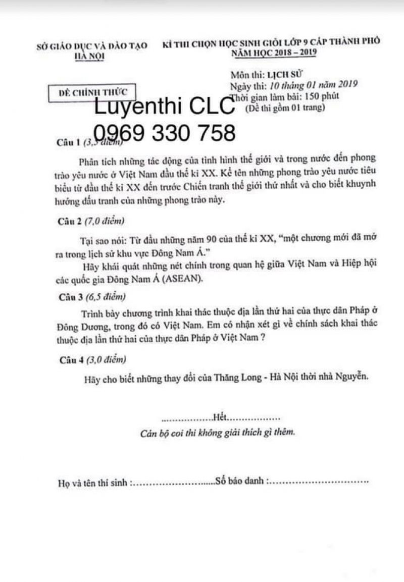 Đề thi chọn HSG lớp 9 cấp th&agrave;nh phố m&ocirc;n Lịch Sử tại H&agrave; Nội năm 2019