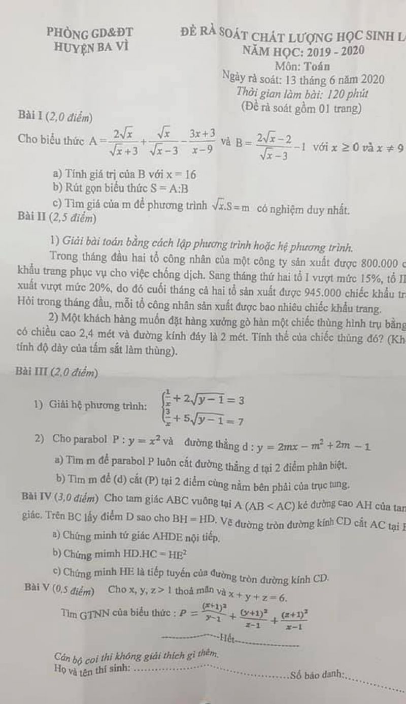 Đề kiểm tra chất lượng học sinh lớp 10 m&ocirc;n To&aacute;n huyện Ba V&igrave; năm 2020