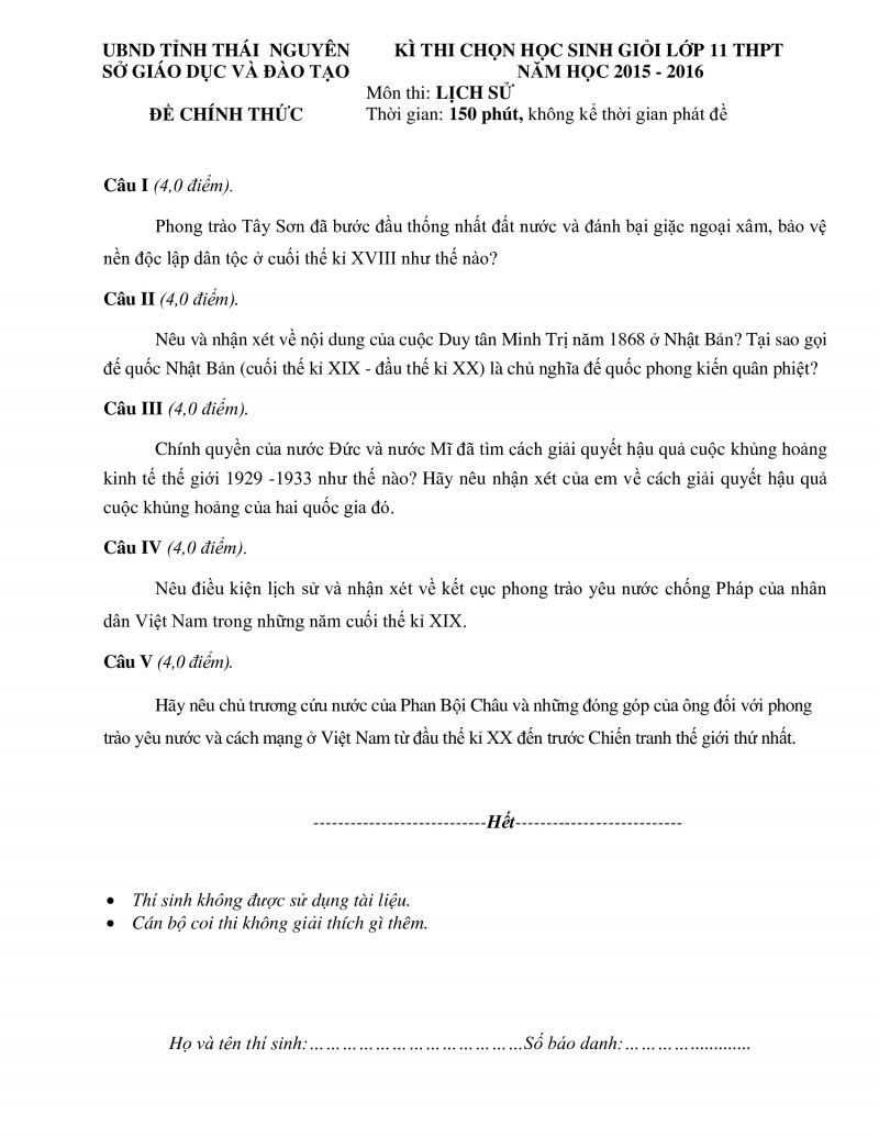 Đề thi chọn HSG môn Lịch Sử lớp 11 THPT tỉnh Thái Nguyên năm 2015
