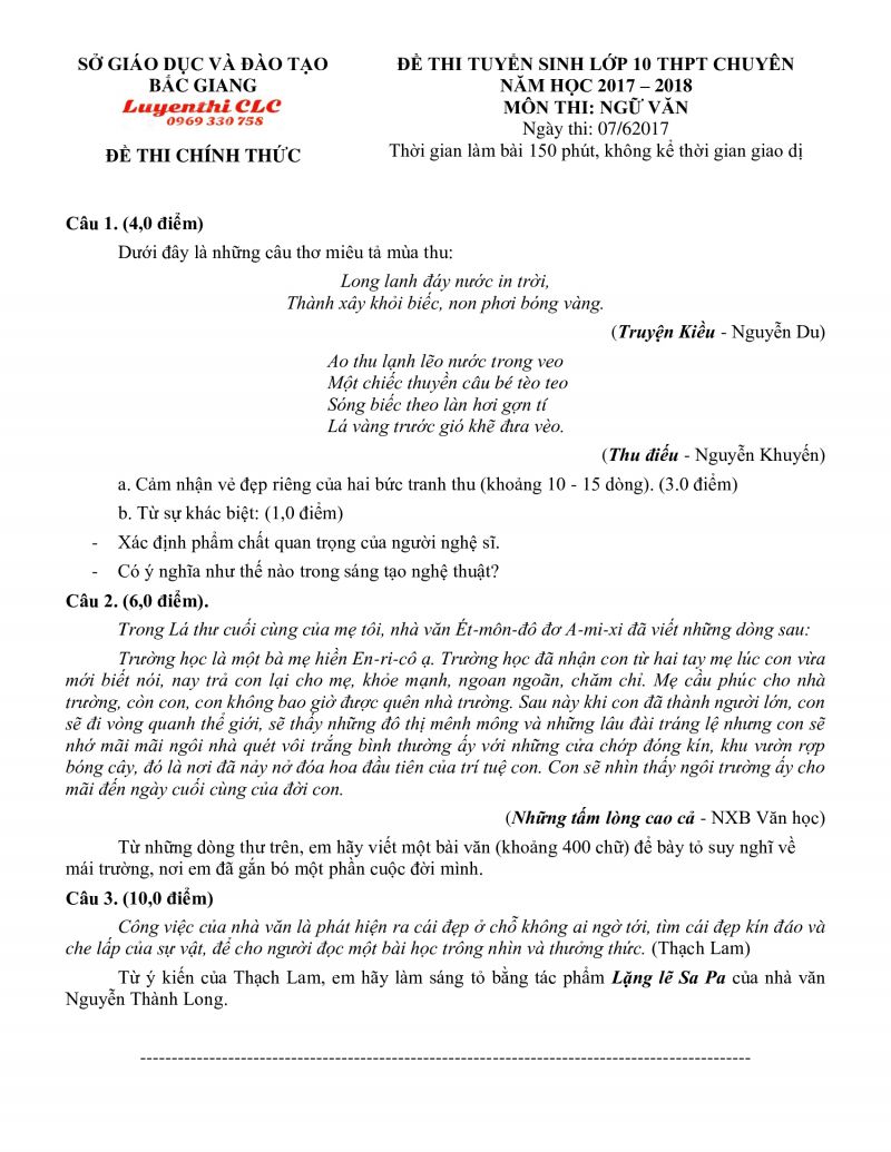 Đề thi tuyển sinh v&agrave;o lớp 10 THPT CHUY&Ecirc;N m&ocirc;n Ngữ Văn tỉnh Bắc Giang năm 2017