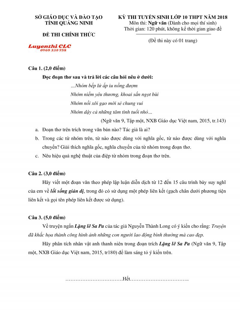 Đề thi tuyển sinh vào lớp 10 THPT môn Ngữ Văn tỉnh Quảng Ninh năm 2018