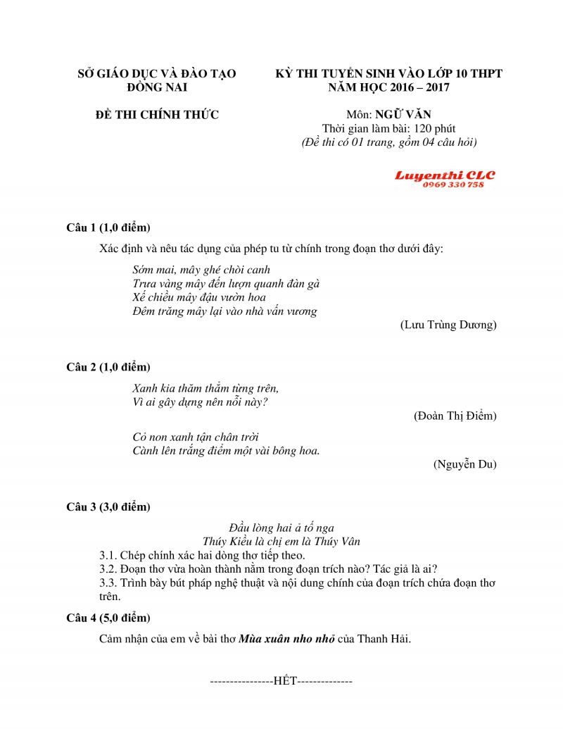 Đề thi tuyển sinh vào lớp 10 THPT môn Ngữ Văn tỉnh Đồng Nai năm 2016