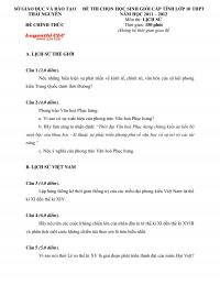 Đề thi chọn HSG cấp tỉnh lớp 10 THPT môn Lịch Sử tỉnh Thái Nguyên năm 2014