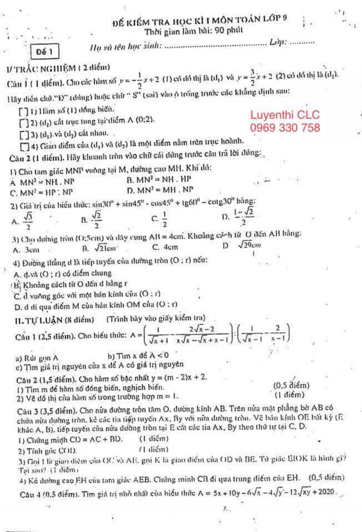 Đề kiểm tra học k&igrave; I m&ocirc;n To&aacute;n lớp 9