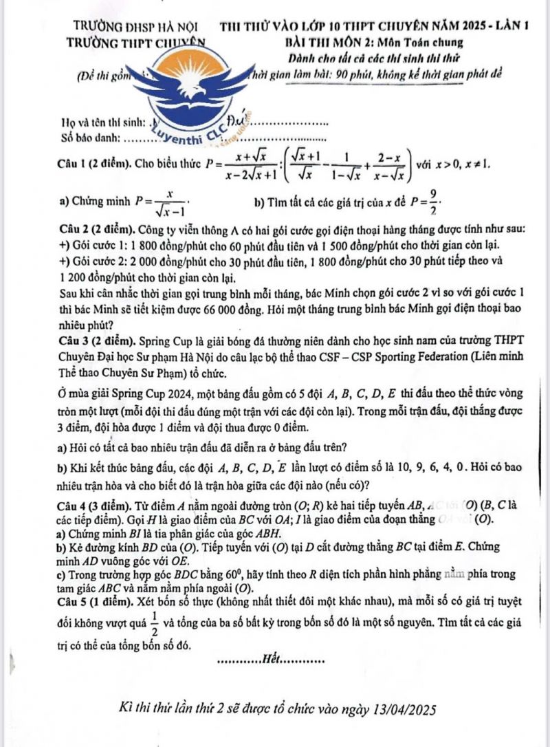Đề thi thử vào 10 - THPT chuyên Sư phạm môn Toán năm 2025- lần 1