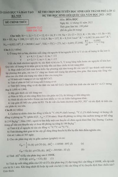 Đề thi chọn đội tuyển HSG môn Hóa Học lớp 12 tại Hà Nội năm 2021